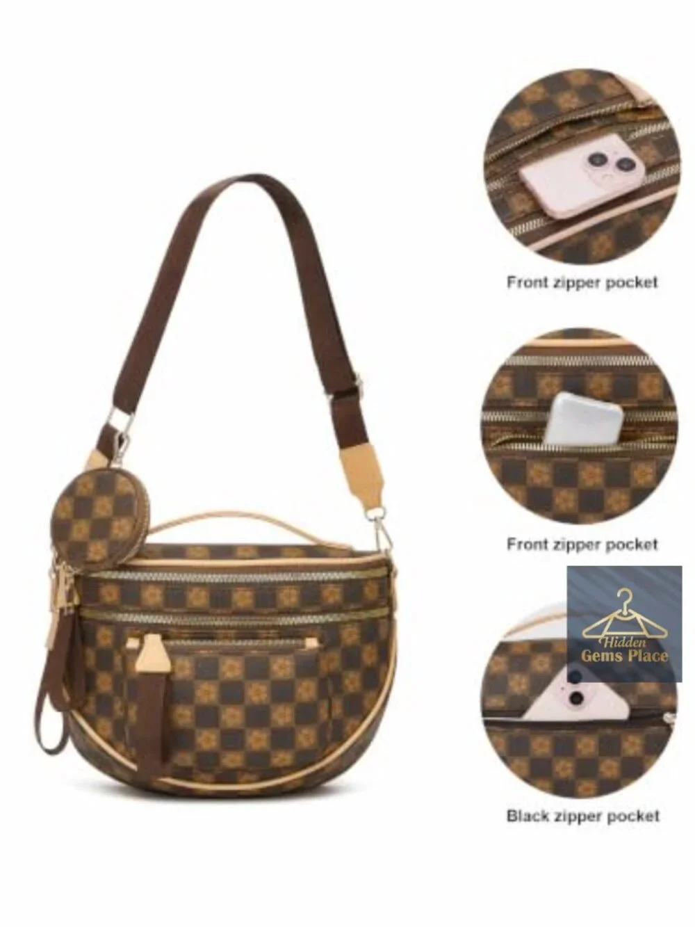 Vegan Leather Crossbody Bag with Adjustable Strap, Large Capacity, Checkered